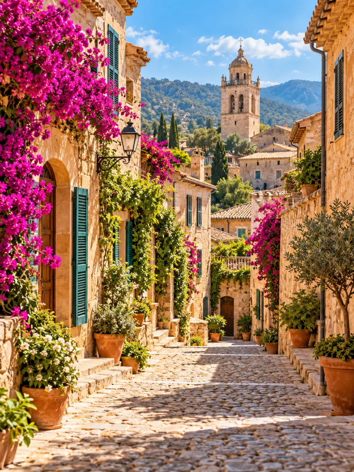 KI-generiertes Motiv: Mediterrane Gasse mit Natursteinhäusern und Blüten.
