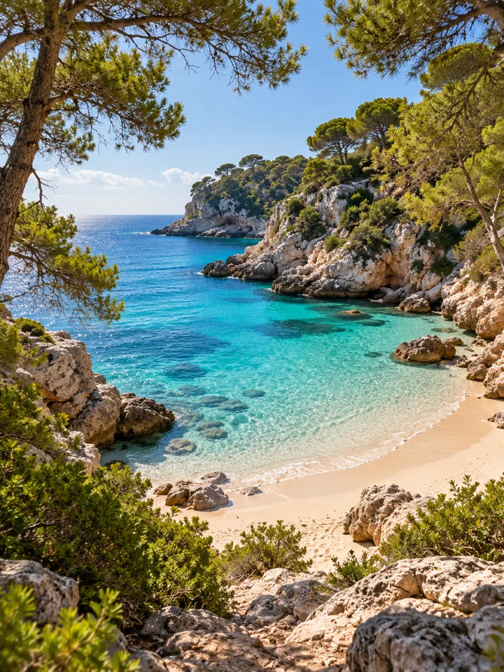 KI-generiertes Motiv: Türkisfarbene Bucht mit Sandstrand.