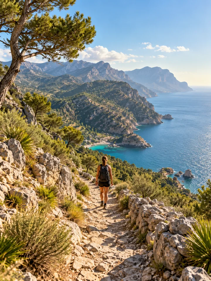 KI-generiertes Motiv: Wanderweg durch mediterrane Berglandschaft.