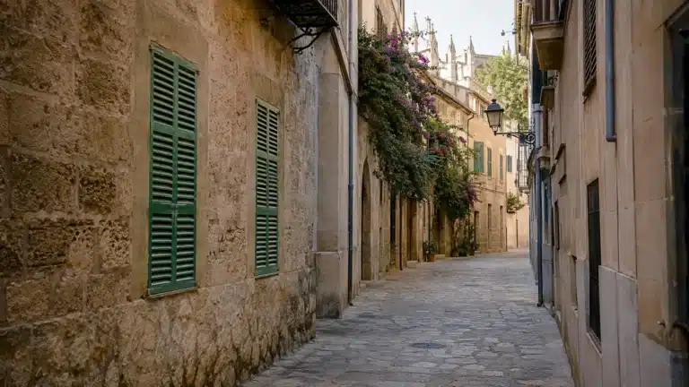 Ruhige Natursteingasse in der Altstadt von Palma de Mallorca mit grünen Fensterläden und Bougainvillea