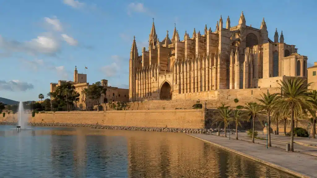 Kathedrale La Seu in Palma de Mallorca am Wasser des Parc de la Mar