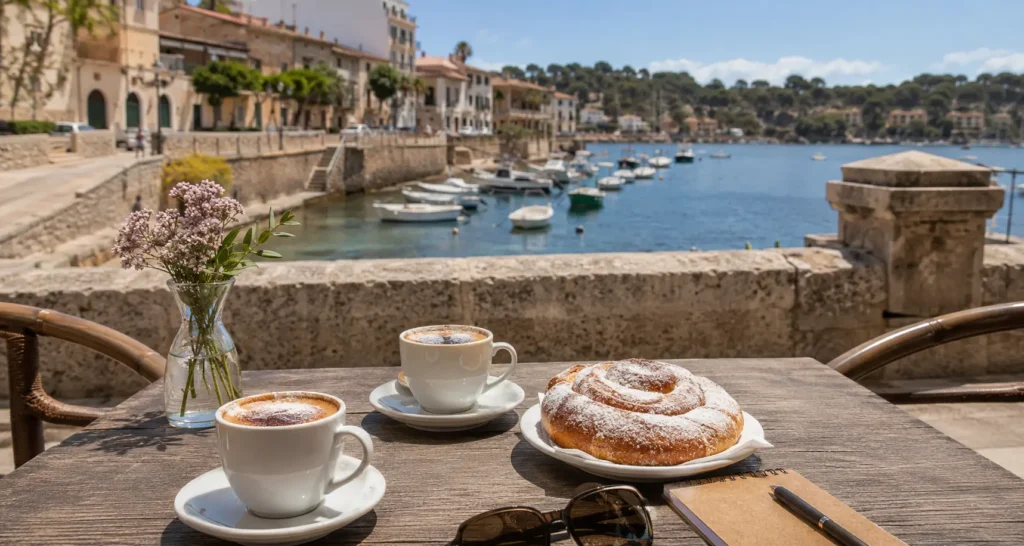 Zwei Kaffees und Ensaimada auf einer Terrasse mit Blick auf einen Hafen auf Mallorca