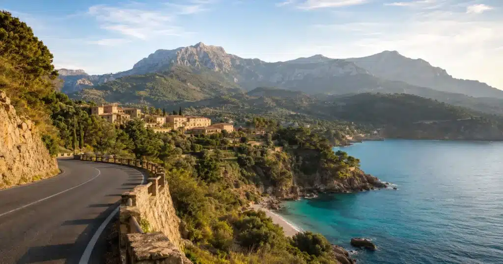Küstenstraße mit Bergdorf, Mittelmeer und Serra de Tramuntana auf Mallorca