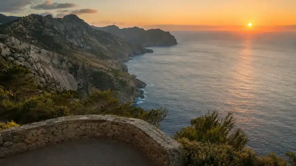 Sonnenuntergang über der felsigen Westküste Mallorcas und dem Mittelmeer