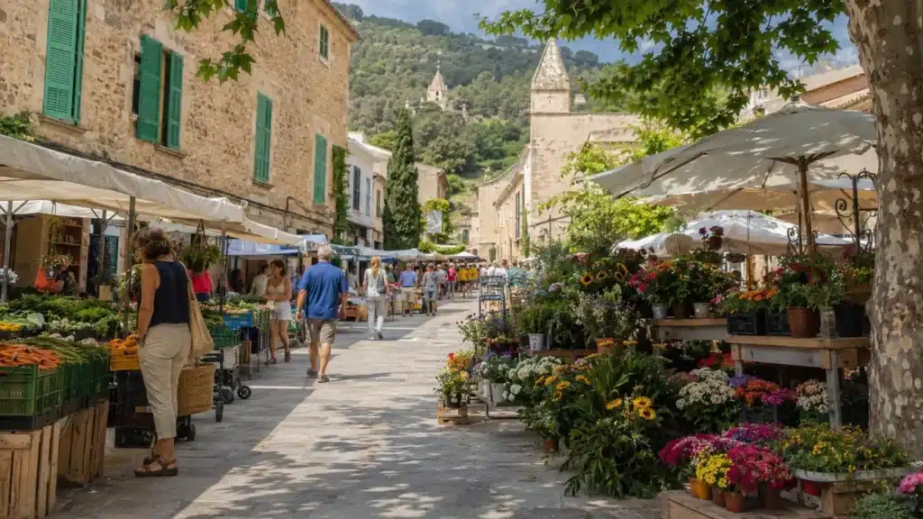 Wochenmarkt in Andratx mit Blumen, Obst und historischen Steinhäusern