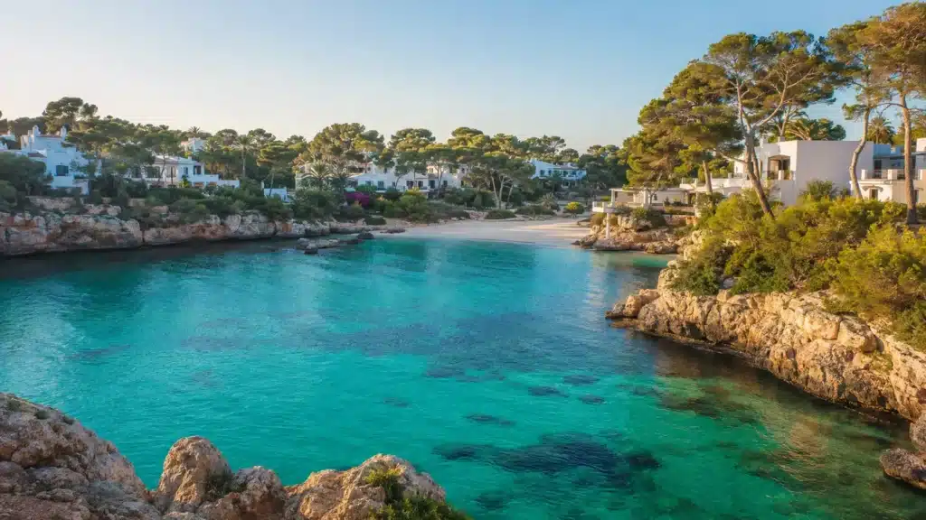Türkisfarbene Bucht Cala Esmeralda mit weißen Häusern und Pinien in Cala d’Or