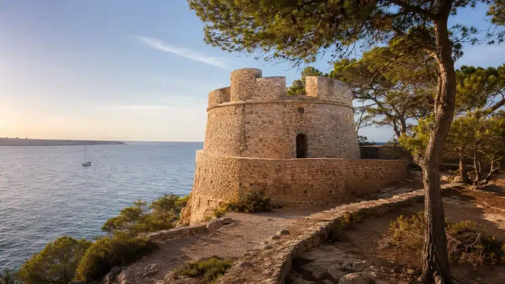 Steinerne Küstenfestung Es Fortí unter Pinien am Meer bei Cala d’Or