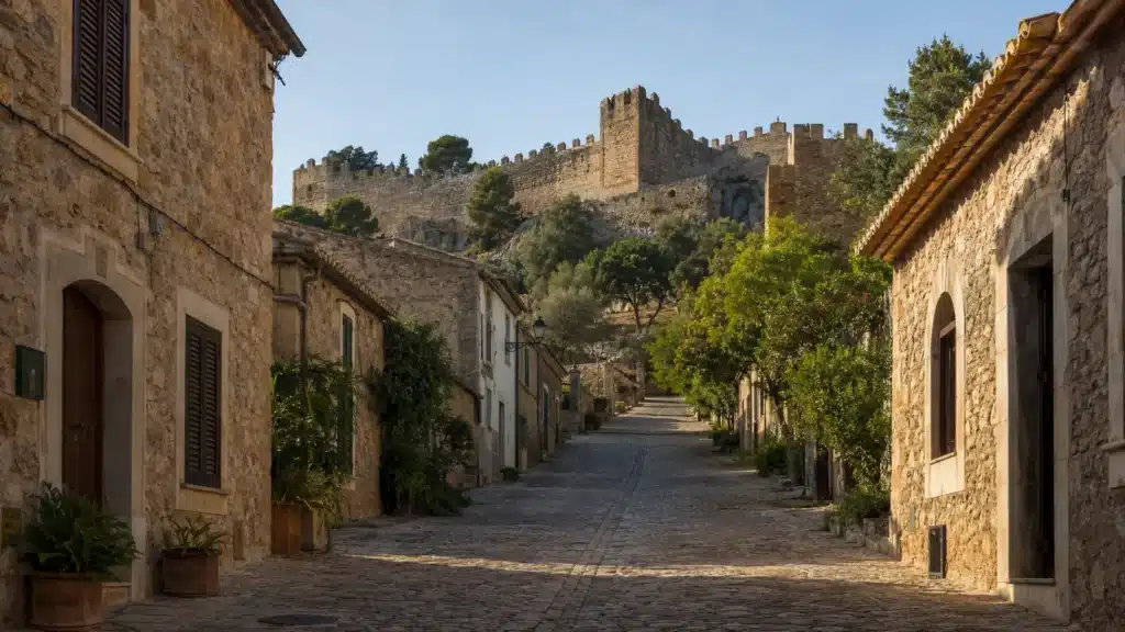 Sandsteinhäuser in der Altstadt von Capdepera unterhalb der Burg