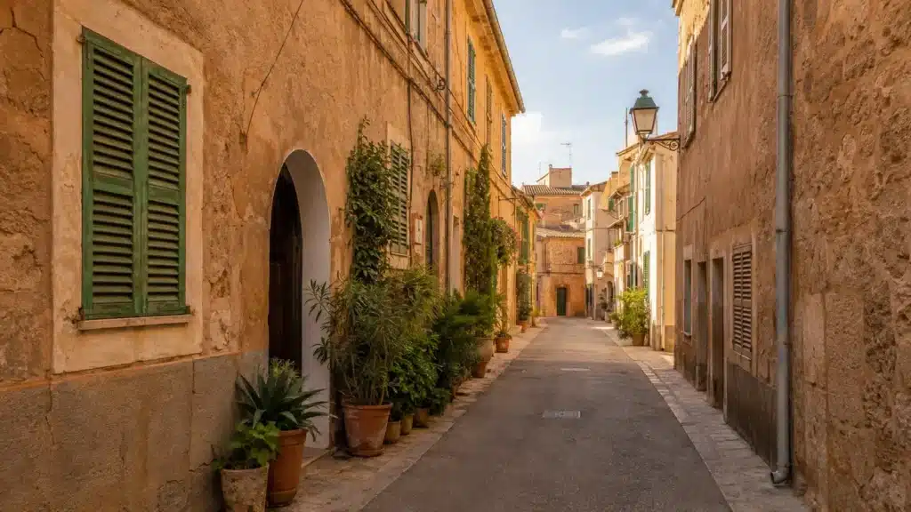 Historische Altstadtgasse mit Sandsteinhäusern in Felanitx auf Mallorca