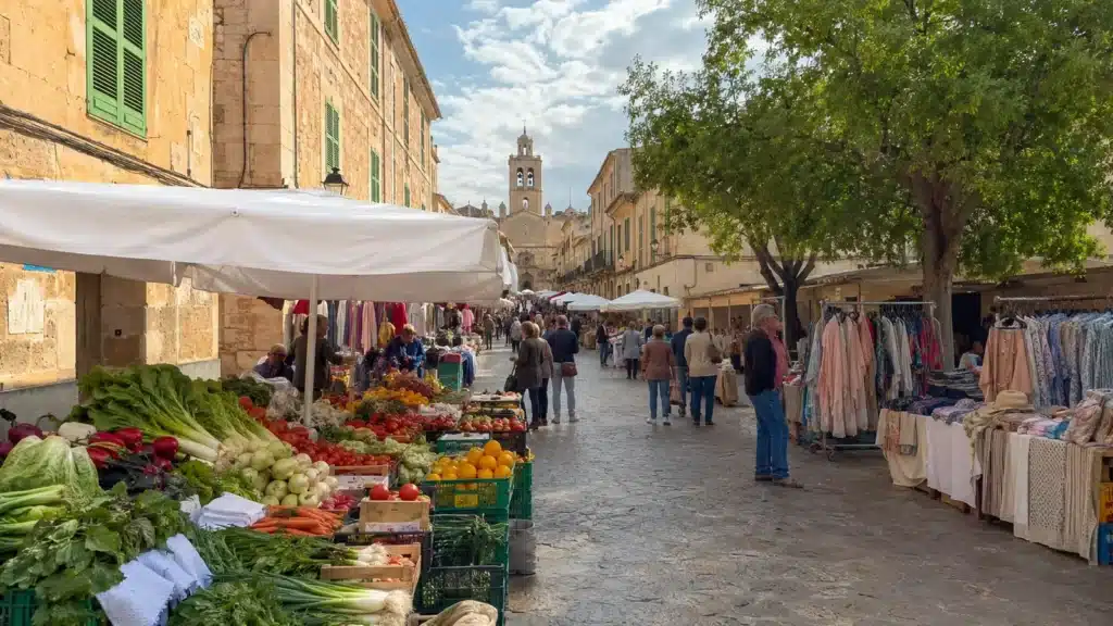 Lebendiger Sonntagsmarkt in den Straßen von Felanitx auf Mallorca