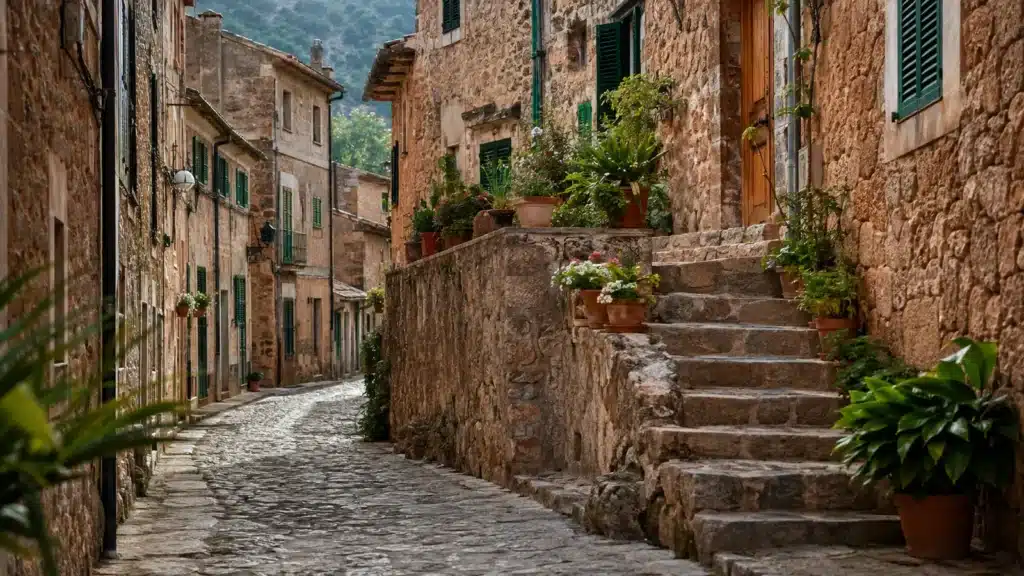 Pflanzenreiche Altstadtgasse mit Steintreppe in Fornalutx