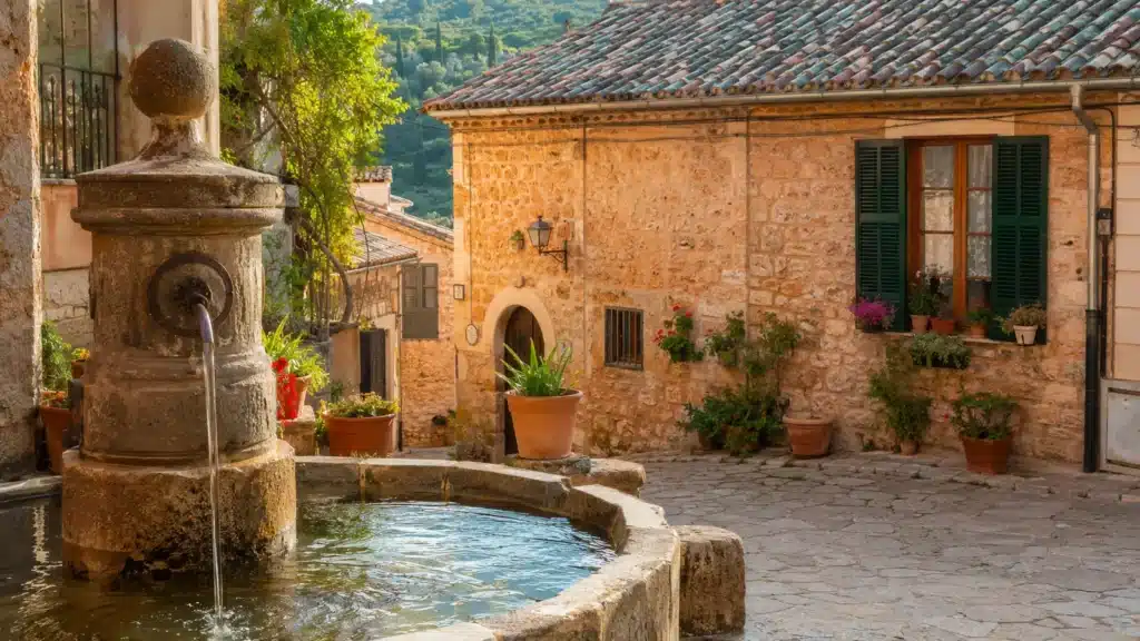 Historischer Dorfbrunnen und Steinhaus in Fornalutx