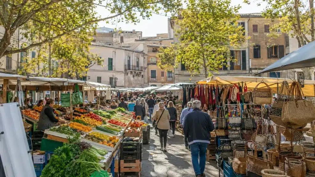 Bunte Marktstände auf dem Donnerstagsmarkt in Inca auf Mallorca