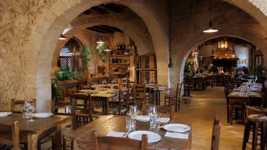 Rustikaler mallorquinischer Celler mit Steinbögen in Inca auf Mallorca