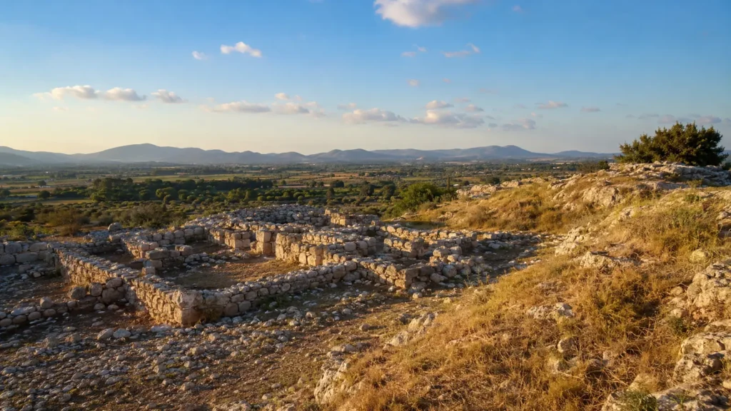 Prähistorische Talaiot-Siedlung Capocorb Vell in weiter Landschaft in Llucmajor auf Mallorca