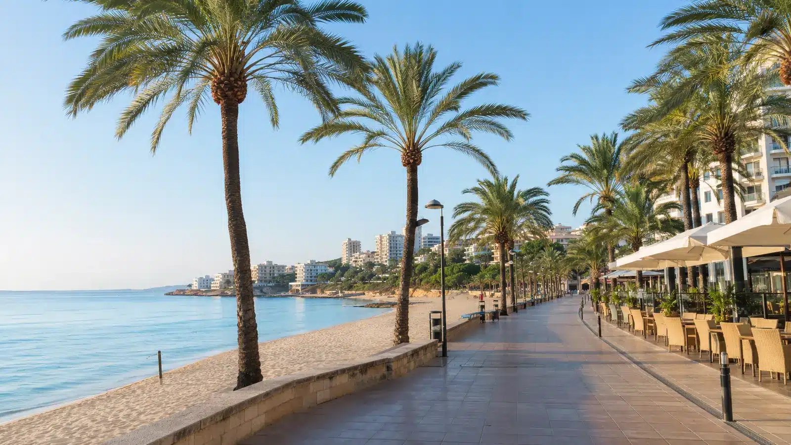 Promenade mit Palmen, Cafés und Blick Richtung Meer in Magaluf auf Mallorca