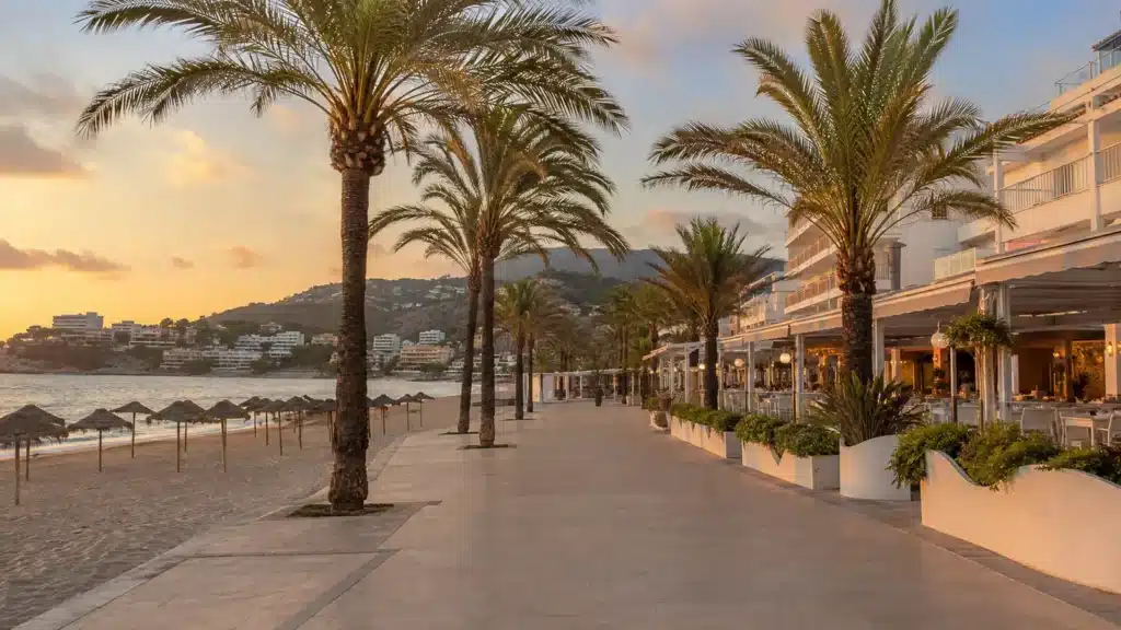 Promenade mit Palmen, Cafés und mediterraner Atmosphäre in Peguera auf Mallorca