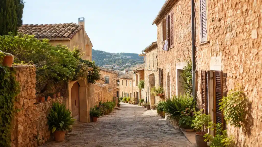 Honigfarbene Steinhäuser in einer ruhigen Gasse von Petra auf Mallorca