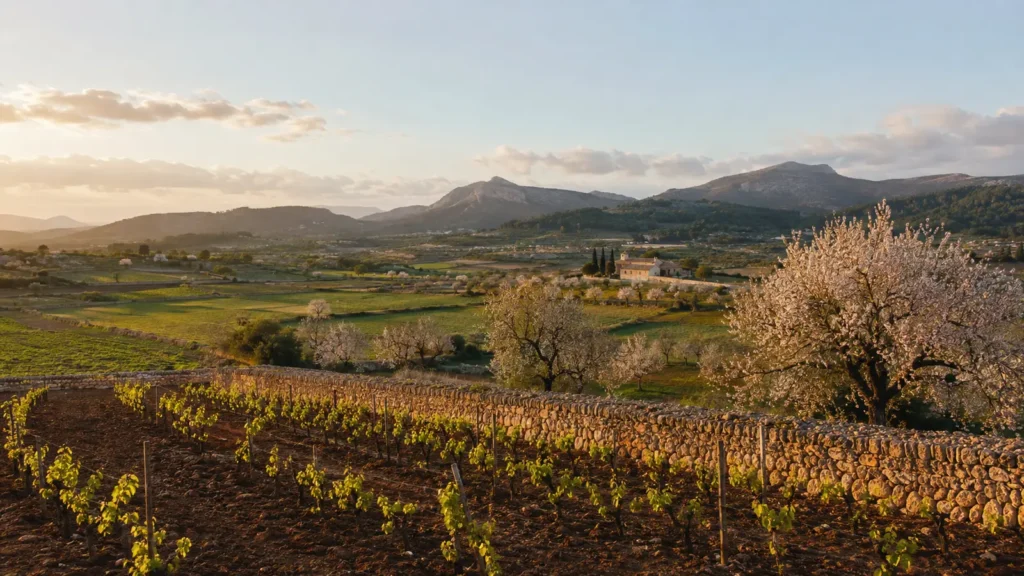 Ländliche Felder, Weinreben und Trockensteinmauern bei Petra auf Mallorca