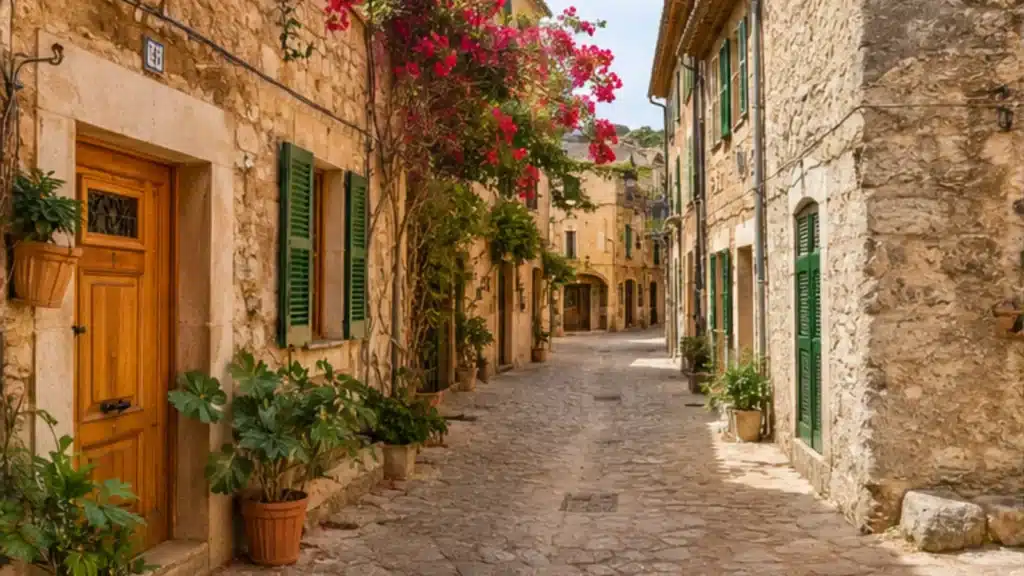 Historische Altstadtgasse mit Natursteinhäusern und Bougainvillea in Pollença