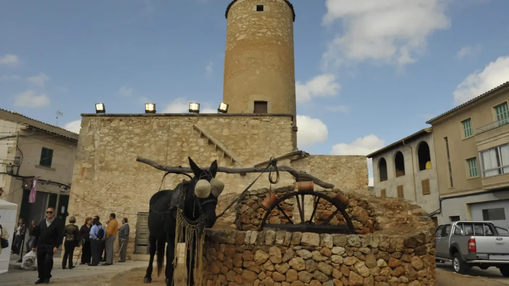 Historische Windmühle in der Landschaft von Porreres auf Mallorca