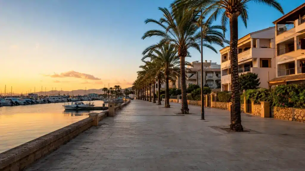 Promenade mit Palmen und mediterraner Atmosphäre in Port d’Alcúdia auf Mallorca