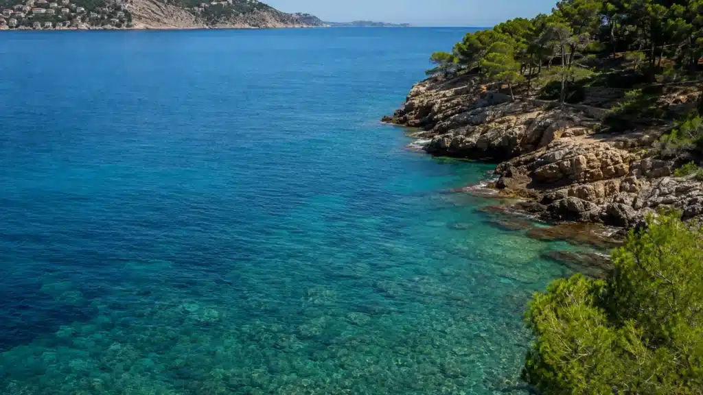 Felsküste und klares Wasser der Cala Llamp bei Port d’Andratx