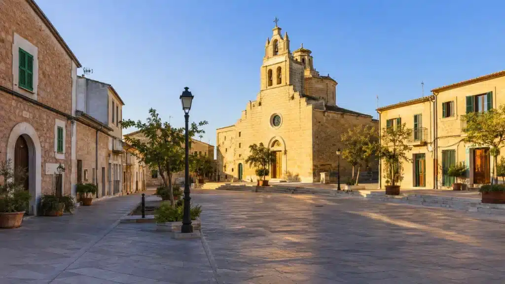 Kirche und zentraler Platz mit mediterraner Dorfatmosphäre in Ses Salines auf Mallorca