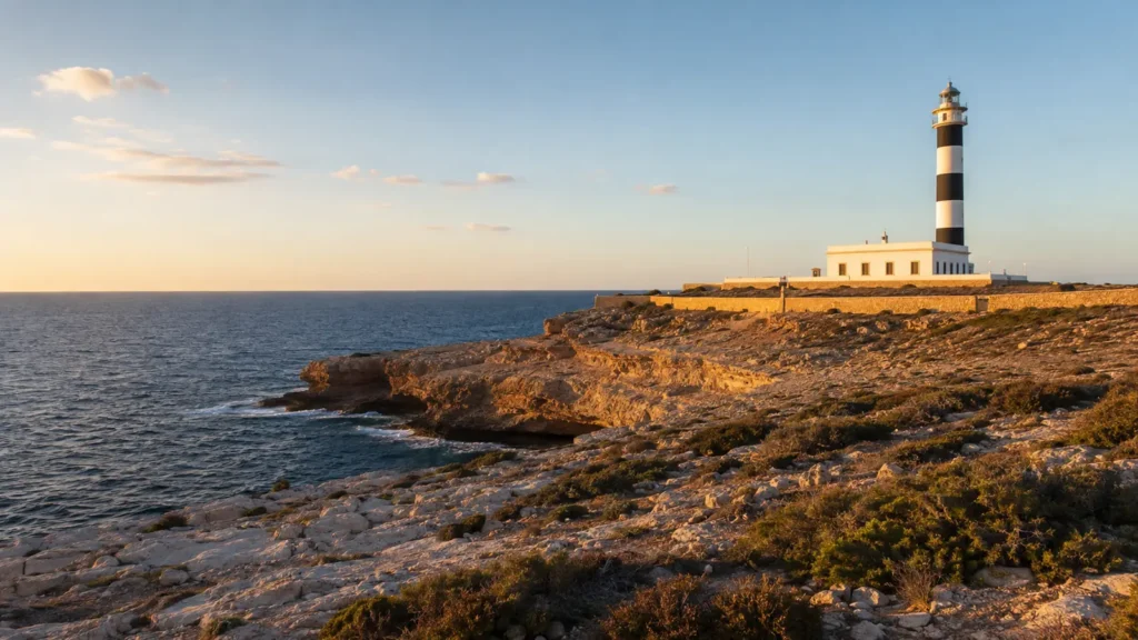 Leuchtturm an der felsigen Südküste beim Cap de ses Salines in Ses Salines auf Mallorca