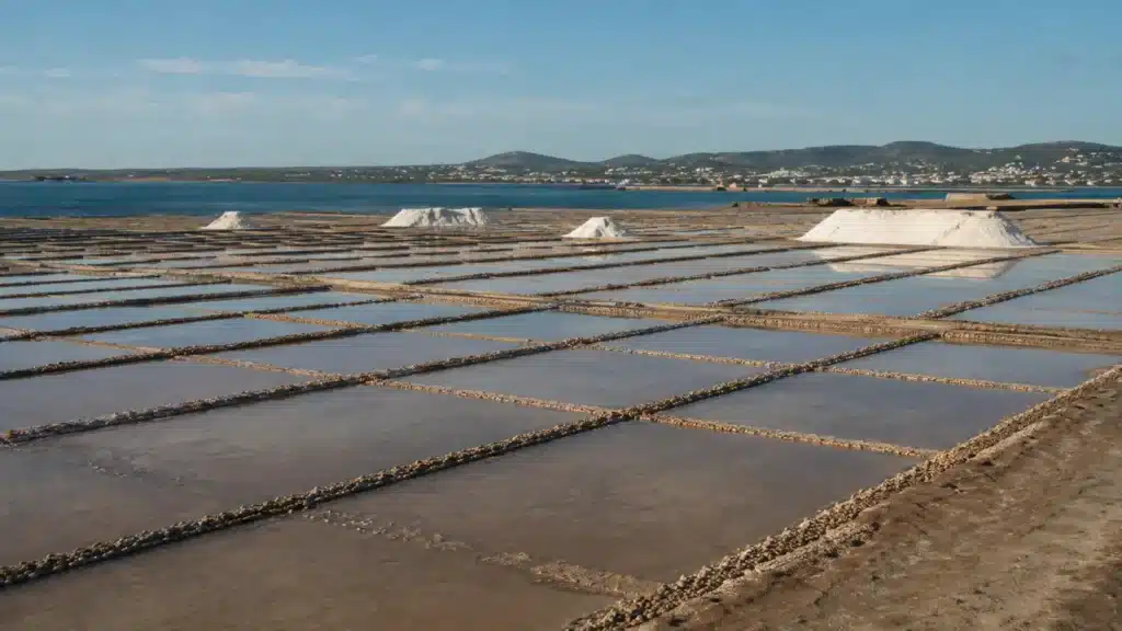 Salzbecken und helle Salzhügel in der Landschaft von Ses Salines in Ses Salines auf Mallorca