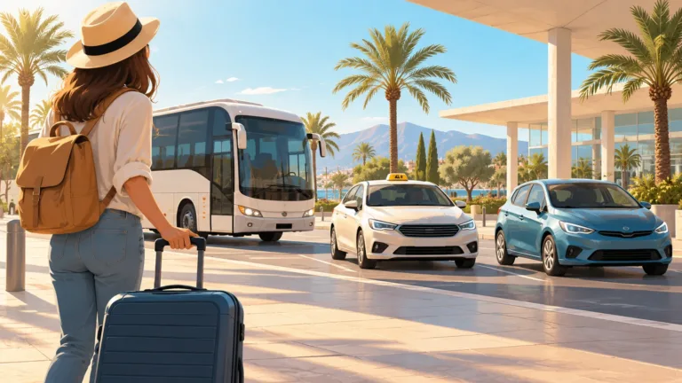 KI-Illustration einer Reisenden mit Koffer vor Bus, Taxi und Mietwagen